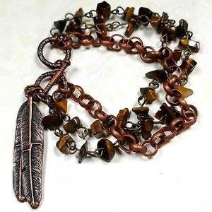Boho Tiger Eye & Copper Feather Beaded Bracelet